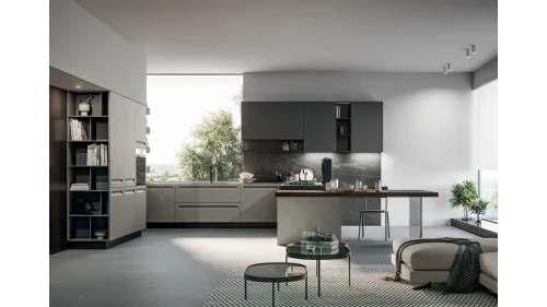 Cucina Moderna angolare in Pet opaco resina polvere, pensili in polimerico opaco lavagna e top in pietra grey con penisola Tekna di Arredo3
