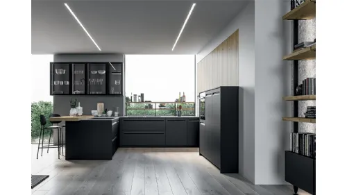 Cucina Moderna angolare Tekna in polimerico Nero opaco e laminato Rovere biondo di Arredo3