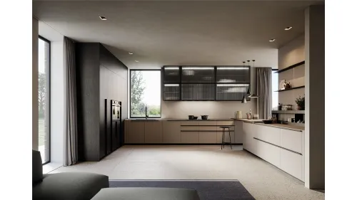 Cucina Moderna angolare Tratto 10 in Pet riciclato, boiserie in legno impiallacciato e pensili in vetro e alluminio di Arredo3