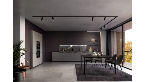 Cucina Moderna lineare in laminato Resina Cromo e impiallacciato Coke con top in ceramica effetto Marmo Nero rigato Wega di Arredo3