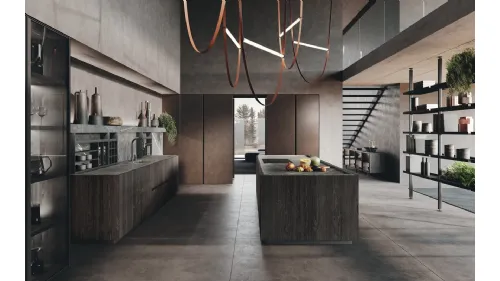 Cucina Design con isola in legno di Abete Nero e top in gres opaco finitura marble grey Bluna di Binova